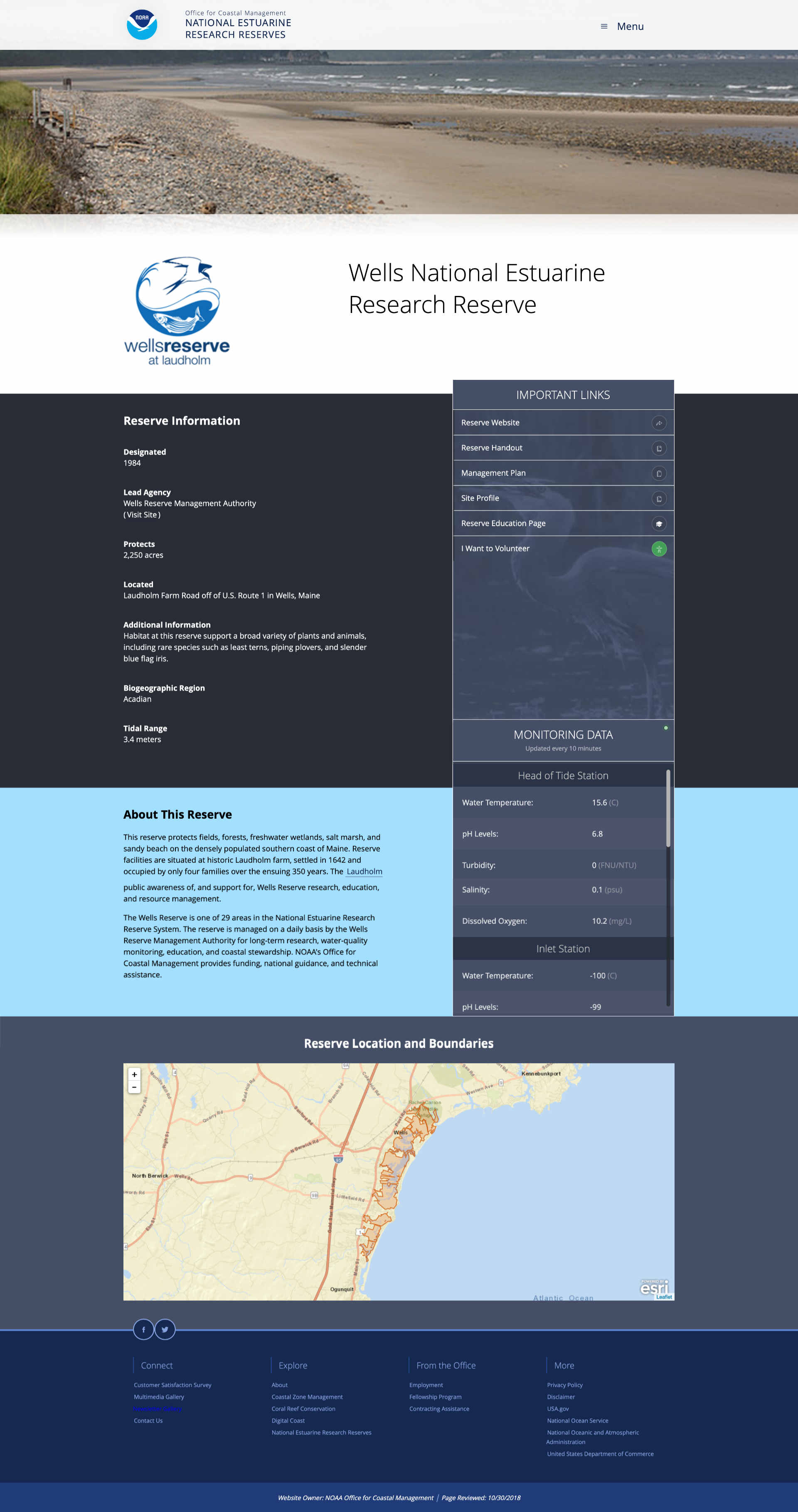 NERRS Reserve page with local water data from JSON services