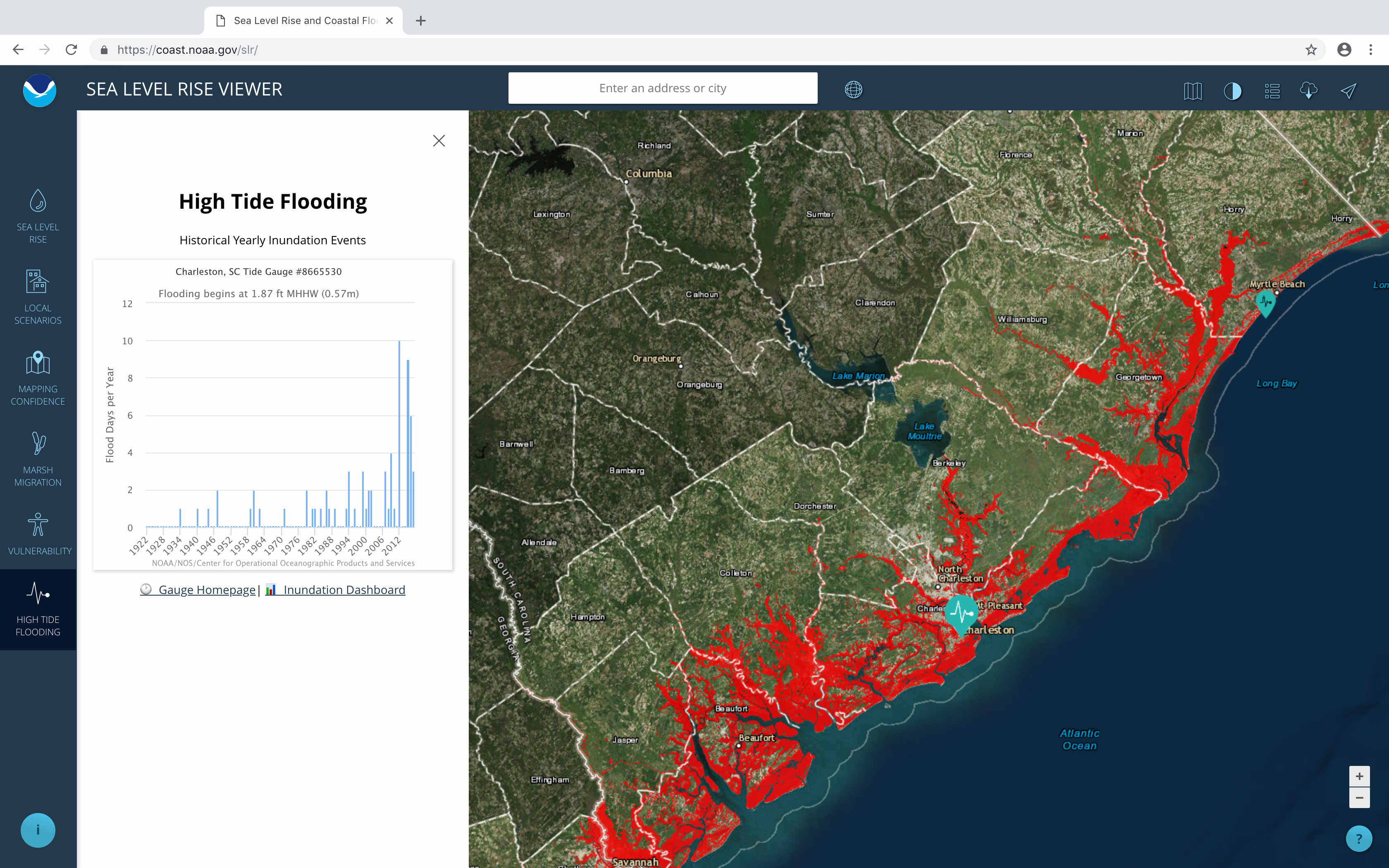 Sea Level Rise Viewer map Screen with Flood Frequency panel open