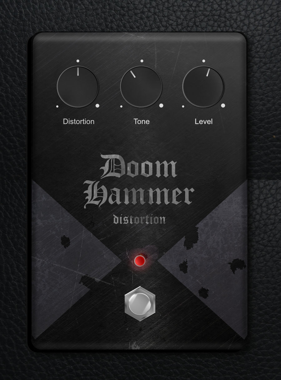 Black pedal face against a black vinyl background. Doom Hammer name in distressed grey with red indicator light on.